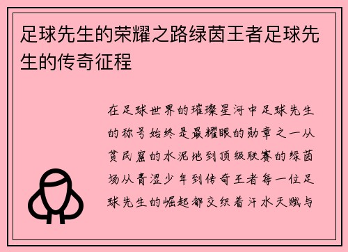 足球先生的荣耀之路绿茵王者足球先生的传奇征程