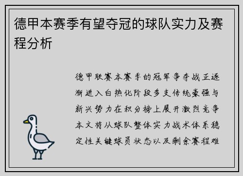 德甲本赛季有望夺冠的球队实力及赛程分析